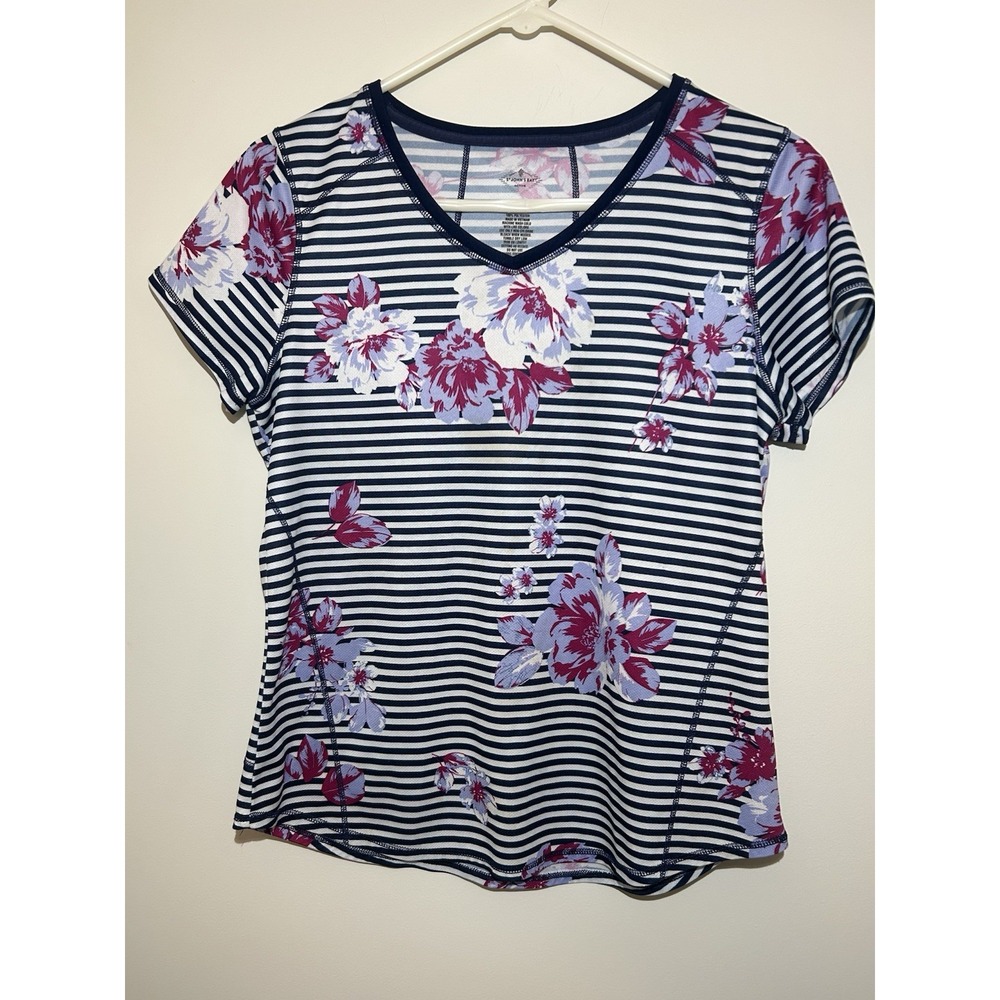 St John's Bay Active Navy Floral Stripe Short Sleeve Top Pullover Women's M